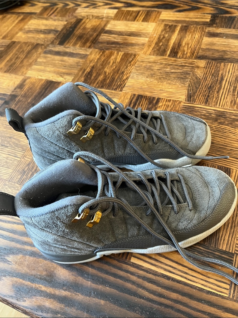 Jordan Big Kids Gray Suede High-Top Sneakers with Gold Eyelets